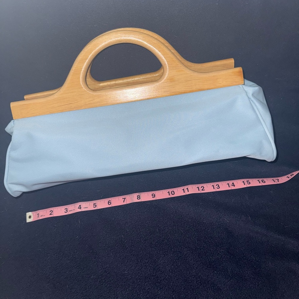 Elegant Blue Clutch with Wooden Handle